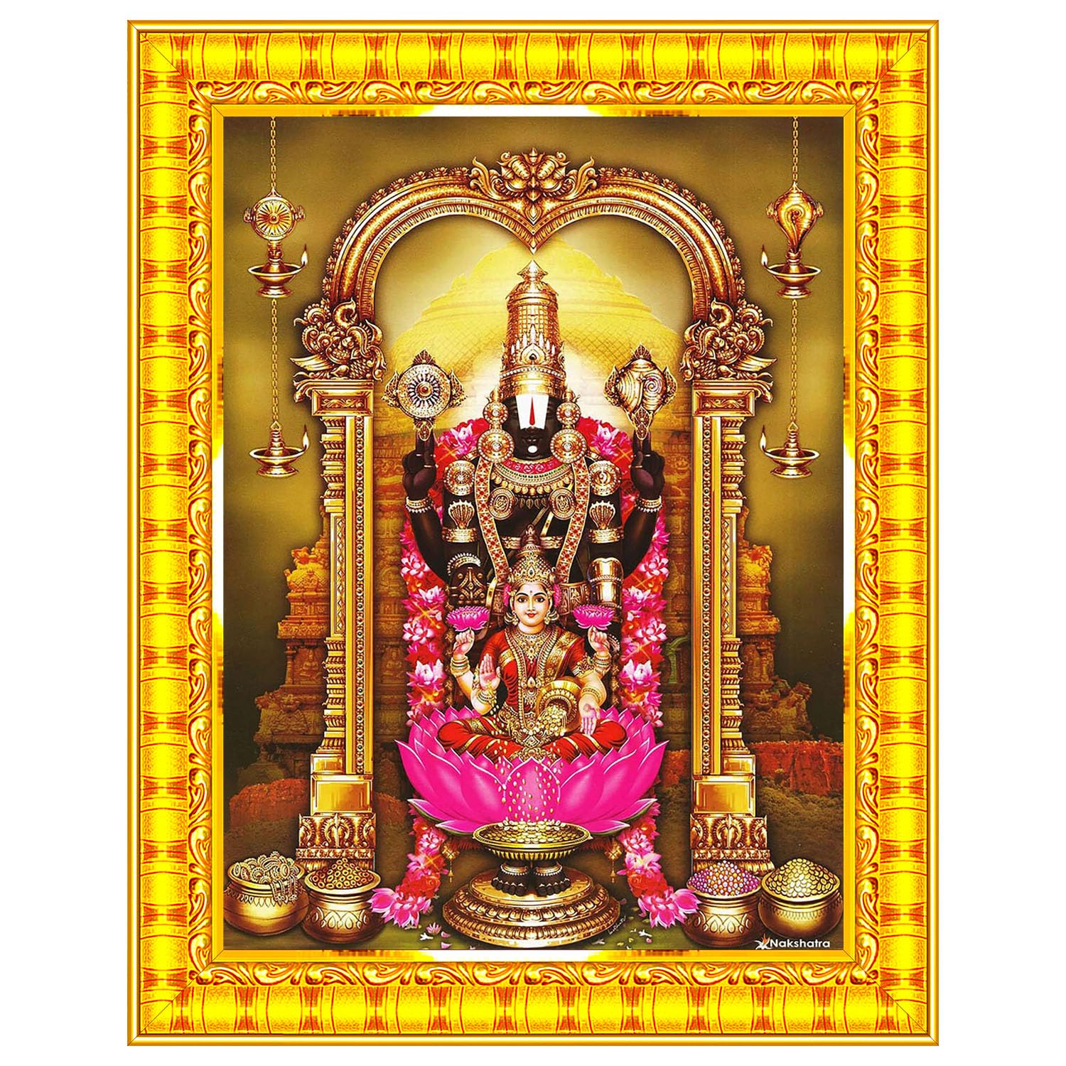 Pavan Photo Laminations Tirupati Balaji Lakshmi Venkateshwara Swamy Wall Painting Framed Home Decor (Wood,Matte,Gold,Small Size,